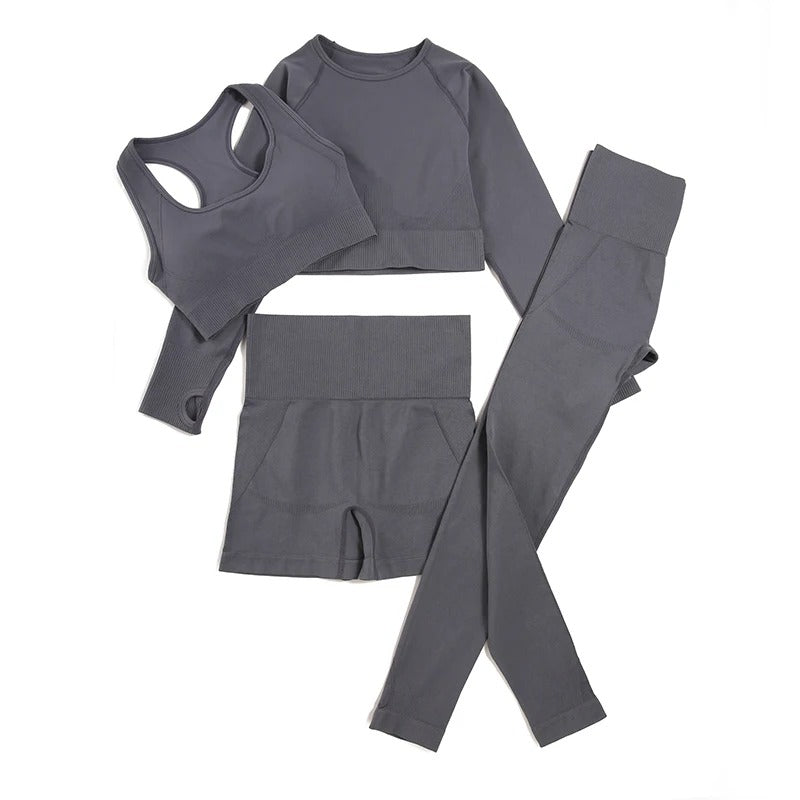 4 Piece Set: Long Sleeve, Sports Bra, Yoga Pants, Yoga Shorts